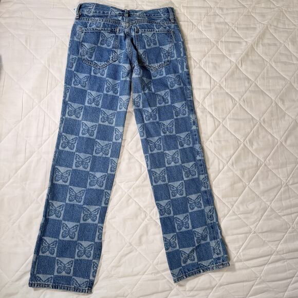 Pacsun Jeans‎ Womens 23 Blue Low Rise Straight Butterfly Print Denim Split Hem - Picture 2 of 12